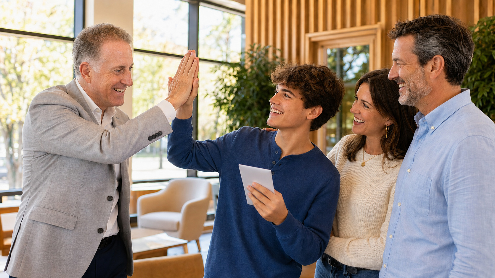 Scott Silverman celebrating a student's college success with the student and family