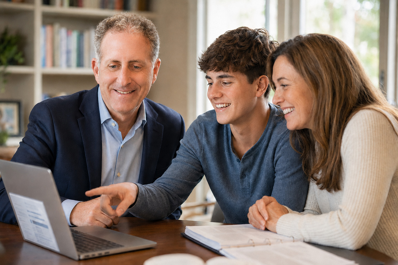 Scott Silverman helping a student and parent work through a college application