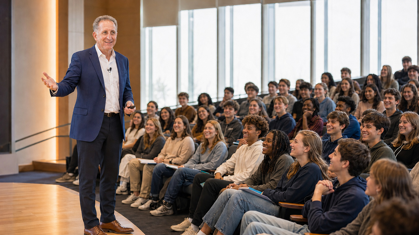 Scott Silverman encouraging a room of high school students during a college admissions presentation